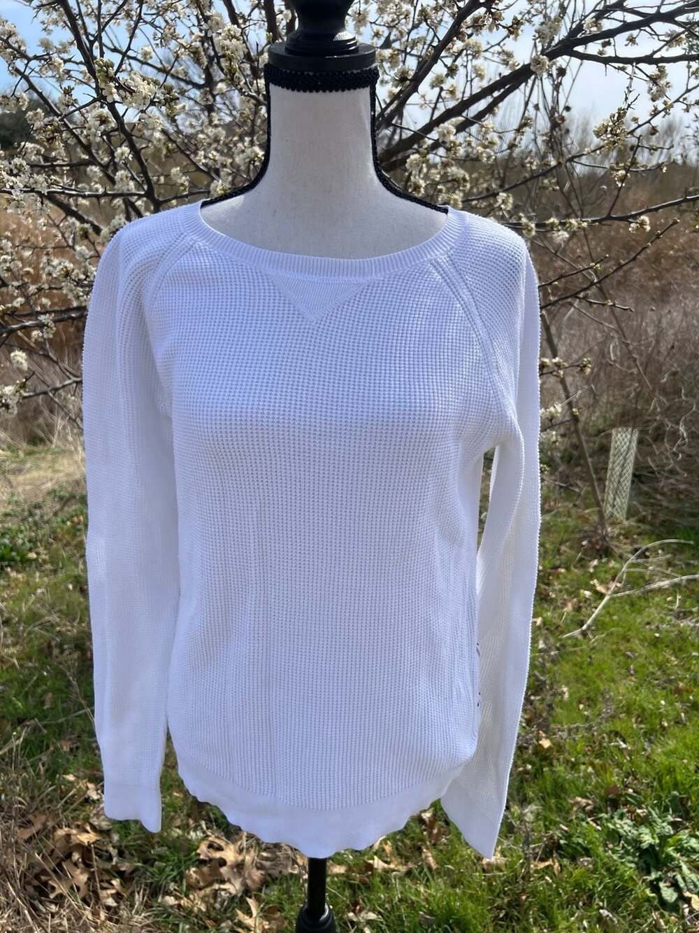 Lauren Ralph Lauren Jeans Co White Waffle Knit Side Lace-Up Cotton Sweater